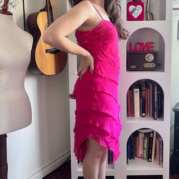 Vintage Sue Wong Pink Ruffle Beaded Silk Midi Dress Sz 8 90s Y2K Fairy Evening - Picture 2 of 10